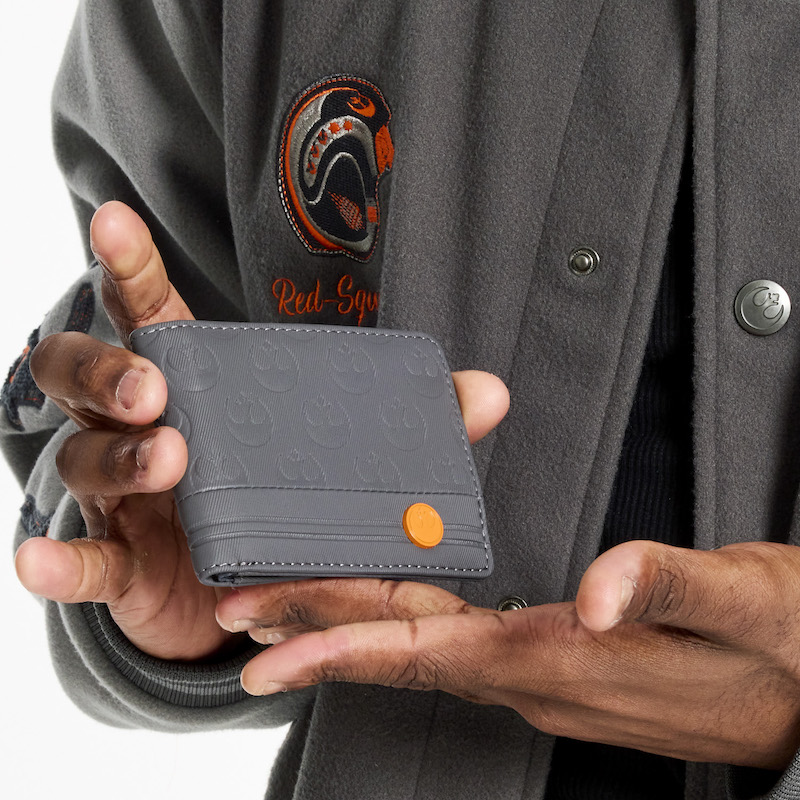 Two hands holding the gray Loungefly COLLECTIV Star Wars Rebel Alliance The MINIMALST Wallet, showing off the front of the wallet